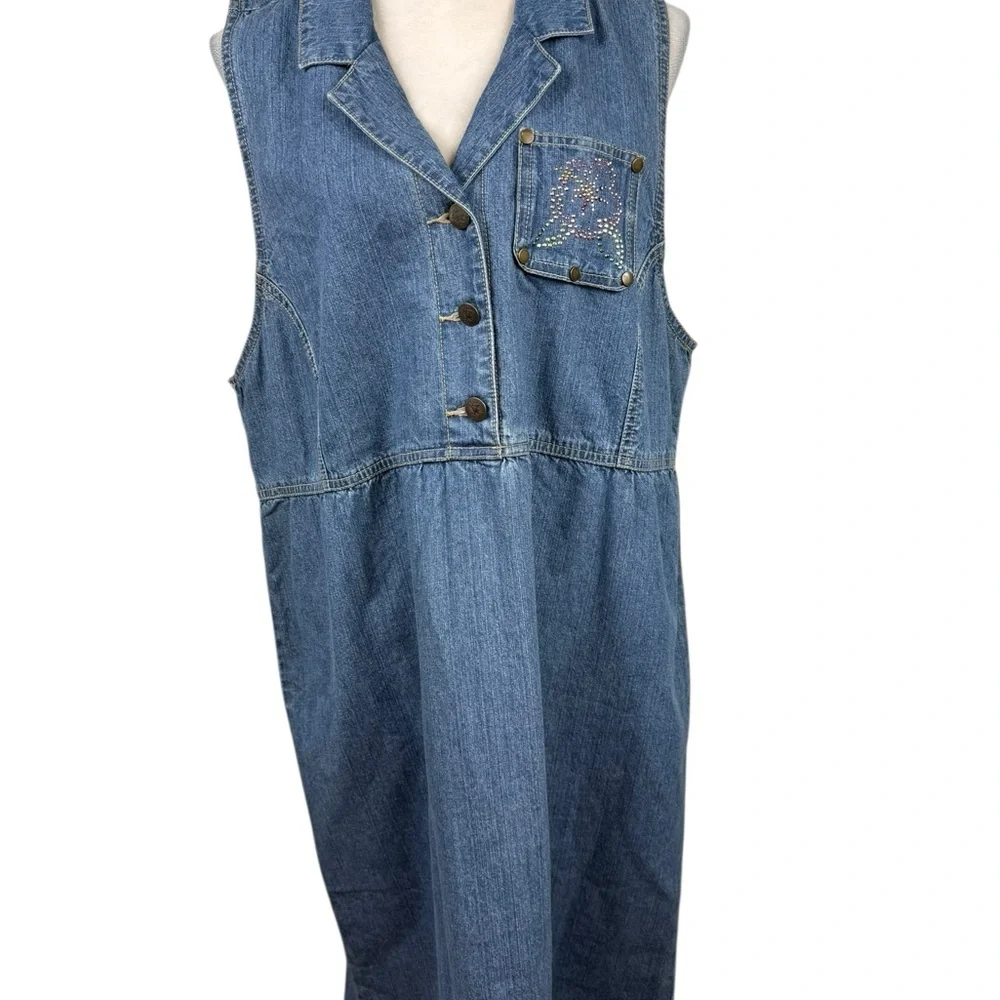 Quacker Factory Denim Dress with multi colored gem flower Size large - Picture 2 of 10